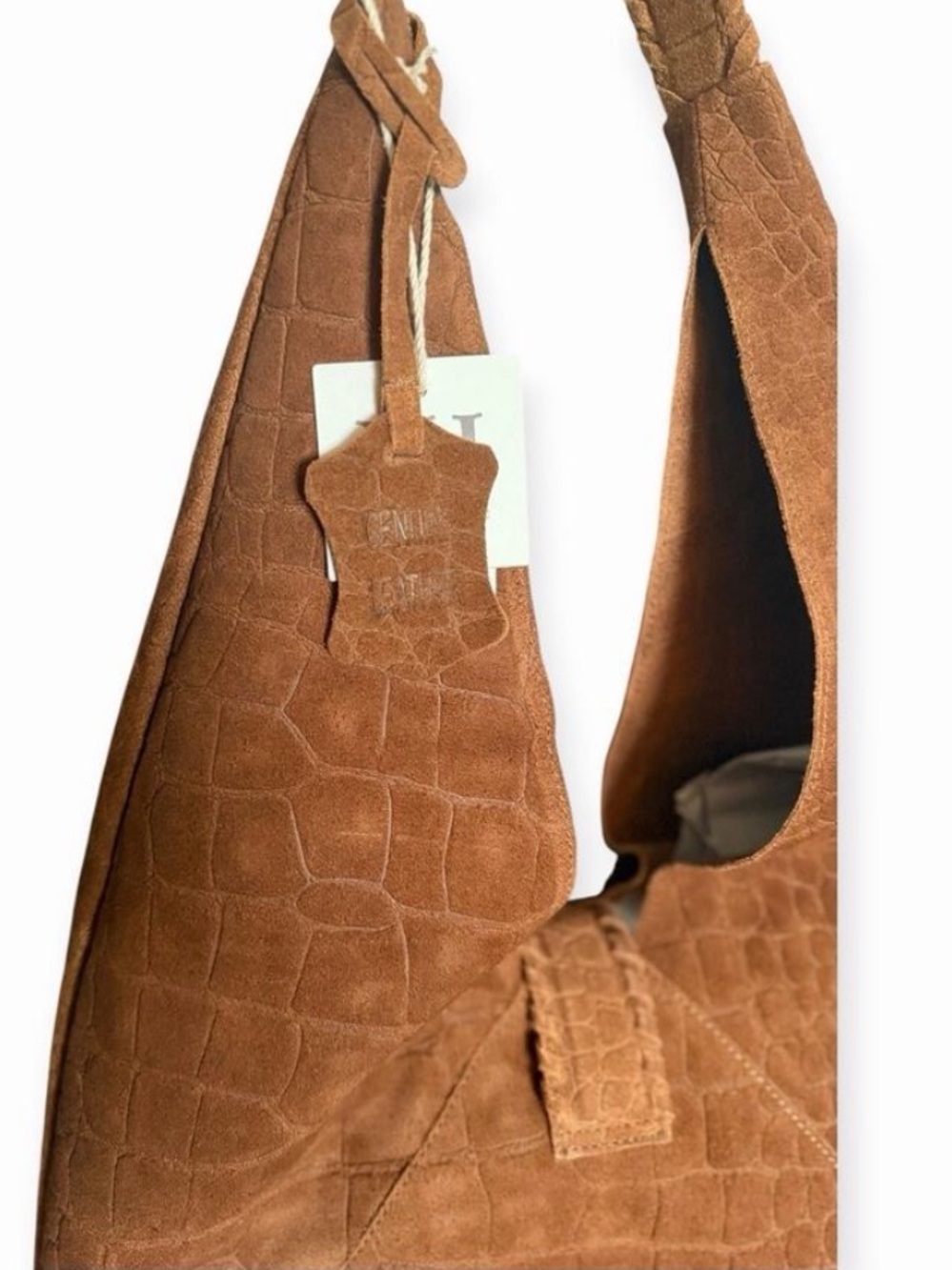 NWT! Haute Hippie Triangle Suede Brown Croc Embossed Hobo Shoulder Bag - Picture 5 of 7